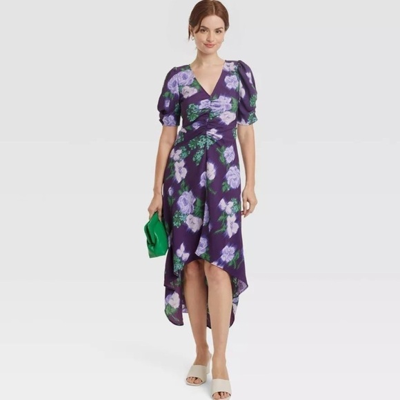 NWT A New Day Crepe Ruched Front Purple Floral Midi Dress - Picture 3 of 4
